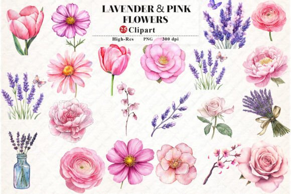 Download Lavender &amp; Pink Flowers Watercolor - Premium Resources