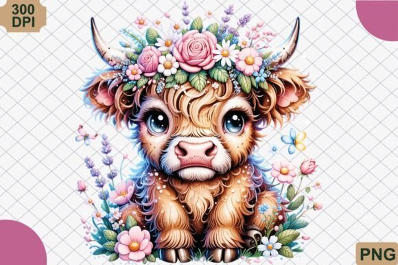 Download Boho Highland Cow and Pink Flowers PNG - Premium Resources